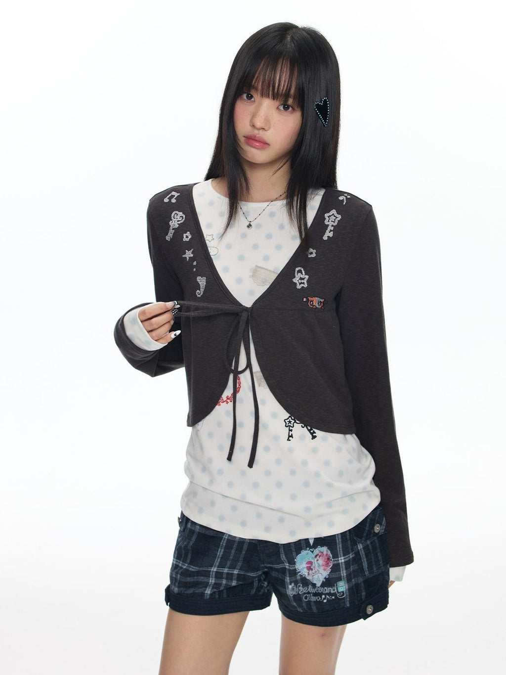 Embroidered Snowflake Tie Front Cardigan Women's Polyester Long Sleeve T-shirts