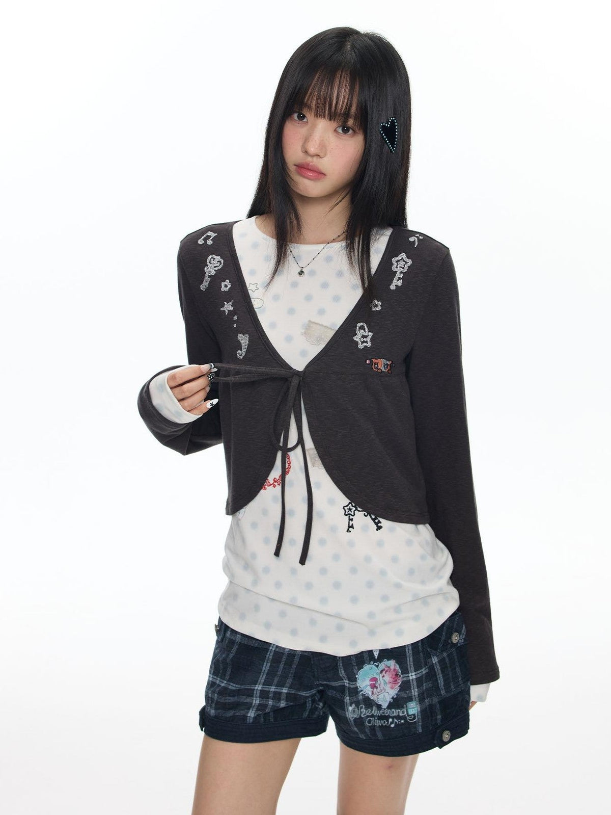 Embroidered Snowflake Tie Front Cardigan Women's Polyester Long Sleeve T-shirts