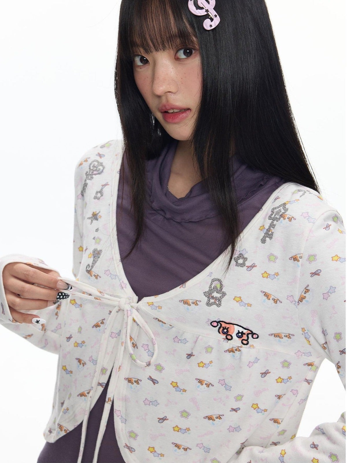 Embroidered Snowflake Tie Front Cardigan Women's Polyester Long Sleeve T-shirts