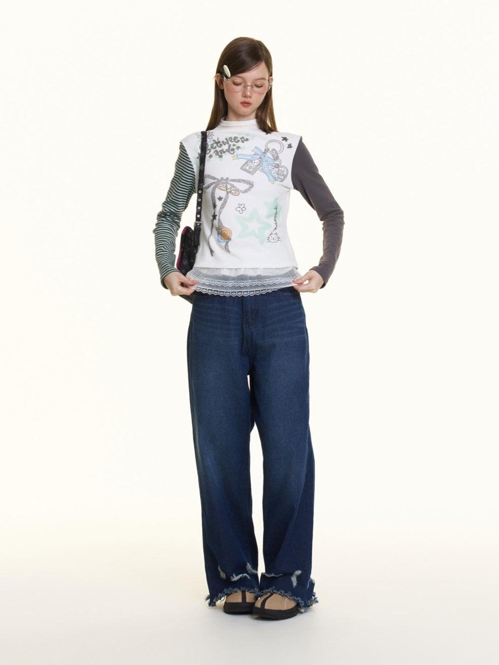 Faded Wash Leg Lengthening Distressed Hem Women's Denim Wide-leg Jeans