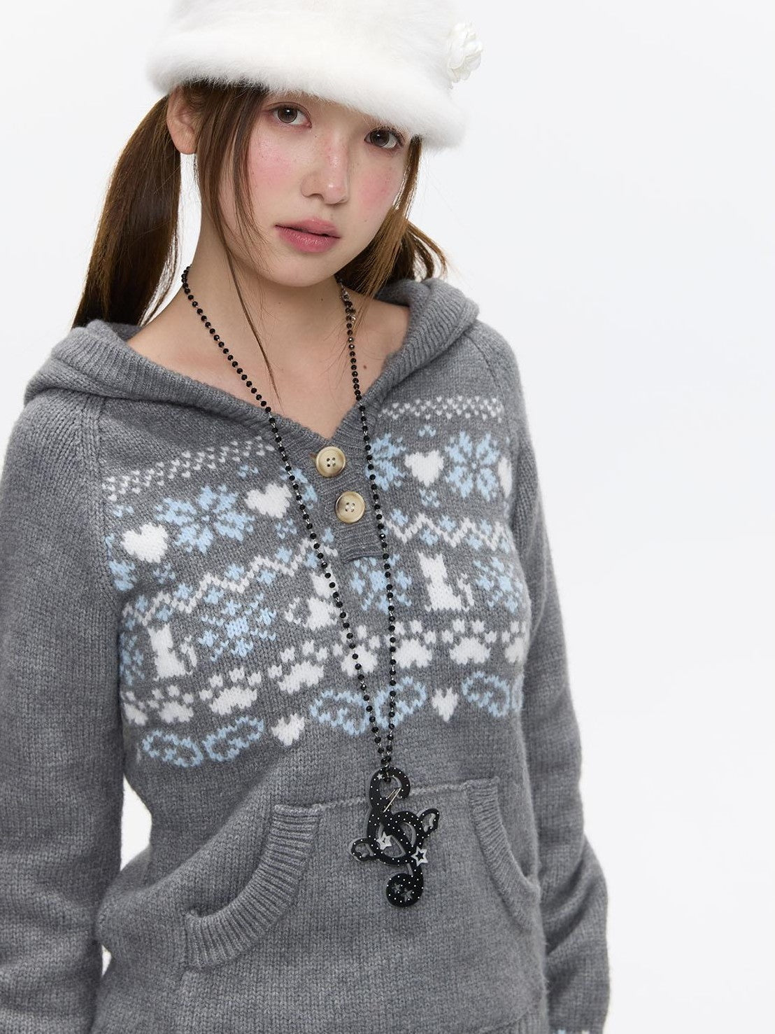 Fair Isle Jacquard Hooded Women's Acrylic Polyester Nylon Blend Sweaters