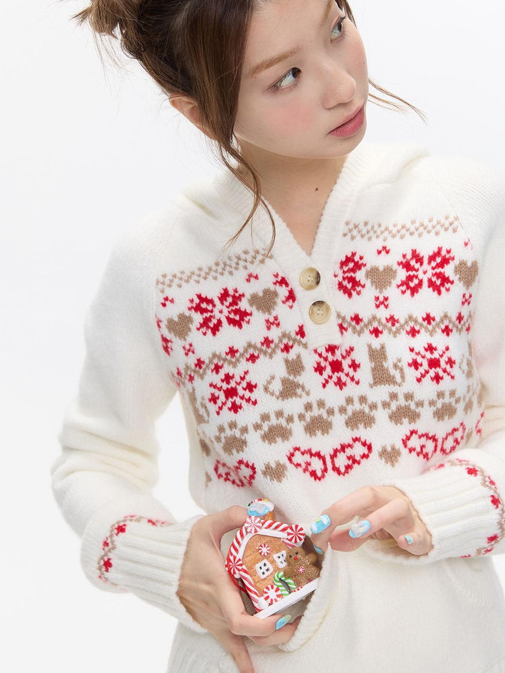 Fair Isle Jacquard Hooded Women's Acrylic Polyester Nylon Blend Sweaters