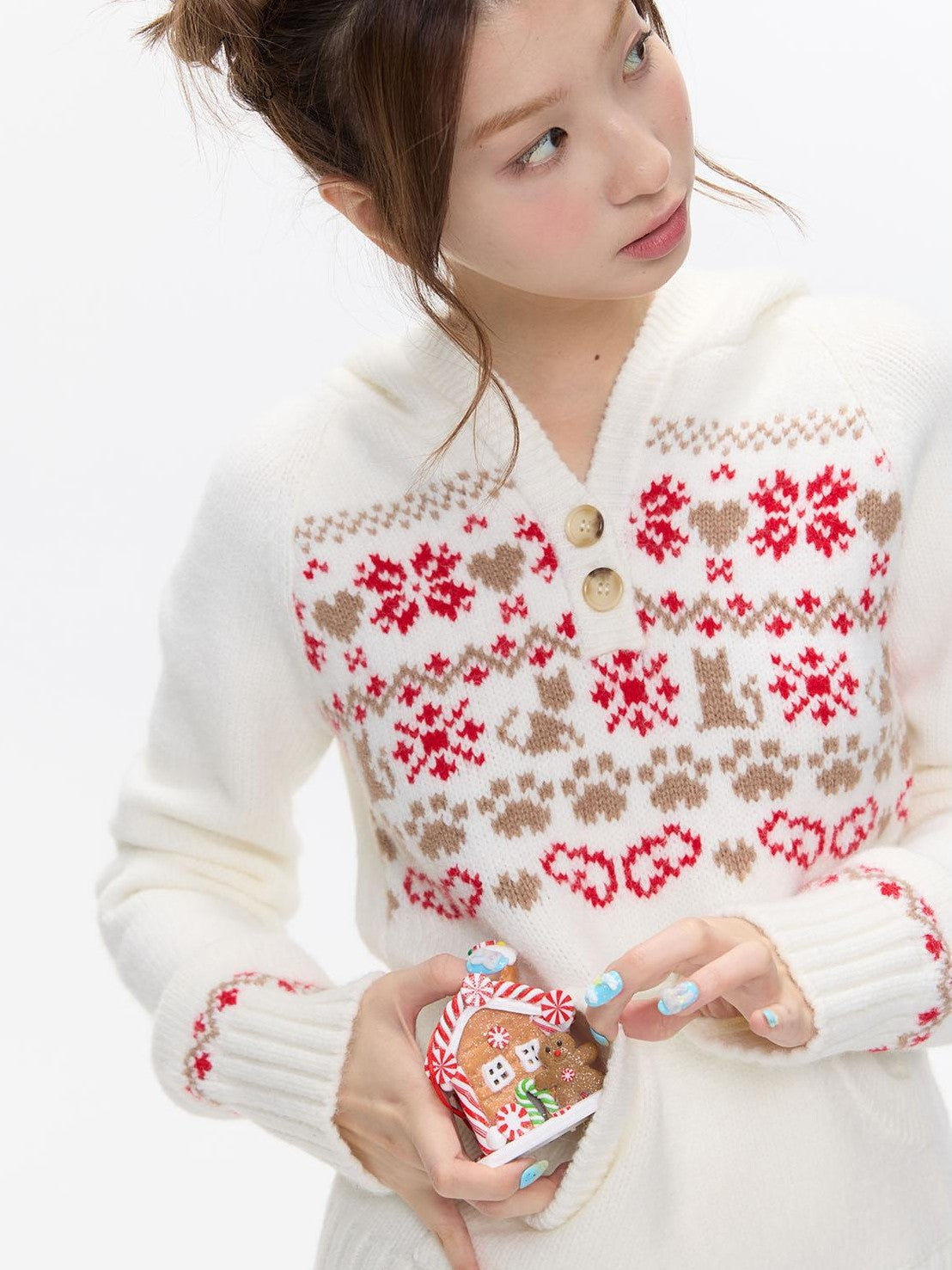 Fair Isle Jacquard Hooded Women's Acrylic Polyester Nylon Blend Sweaters