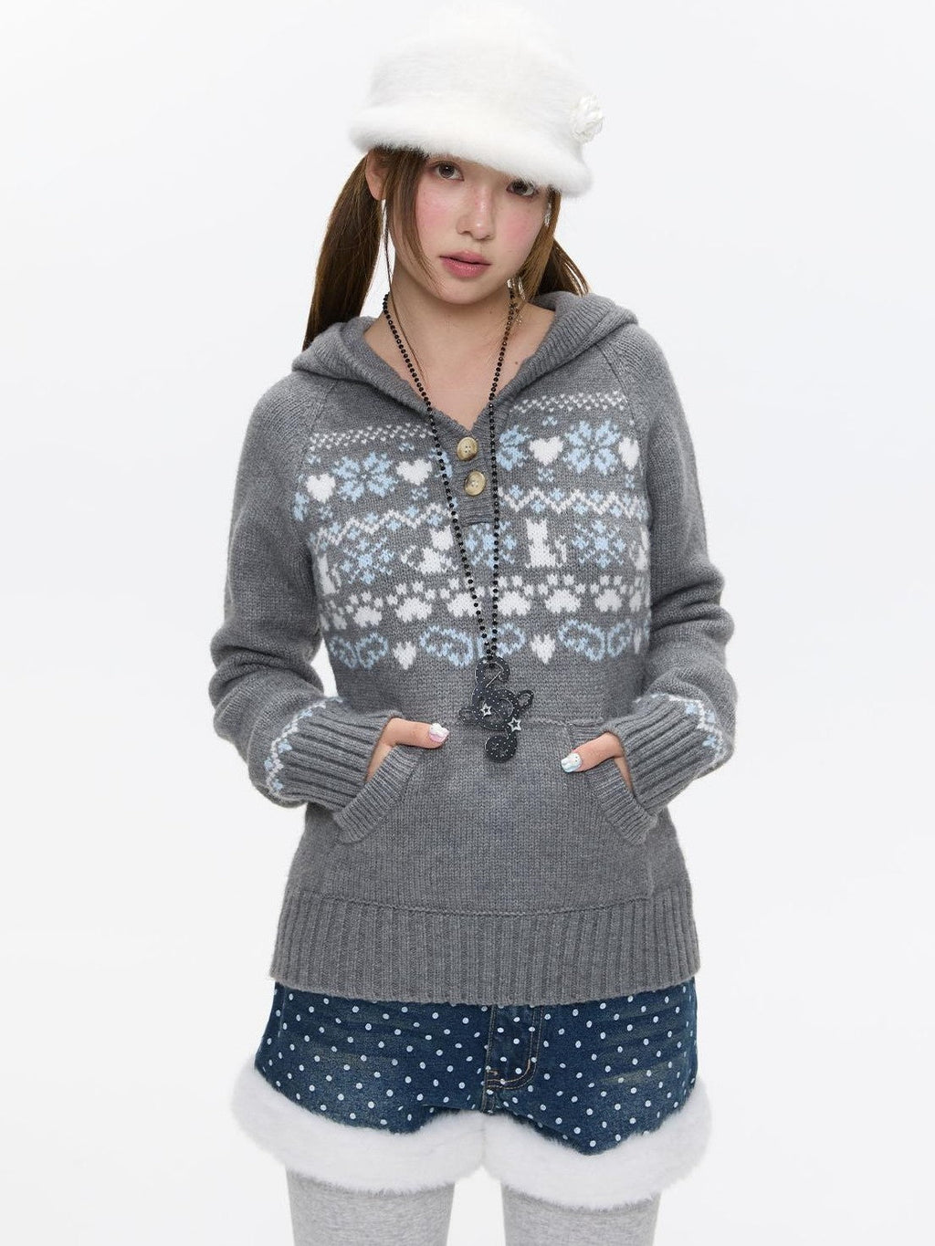 Fair Isle Jacquard Hooded Women's Acrylic Polyester Nylon Blend Sweaters