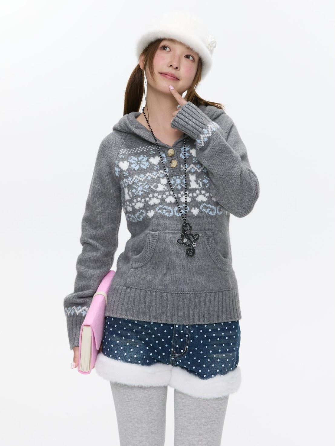 Fair Isle Jacquard Hooded Women's Acrylic Polyester Nylon Blend Sweaters