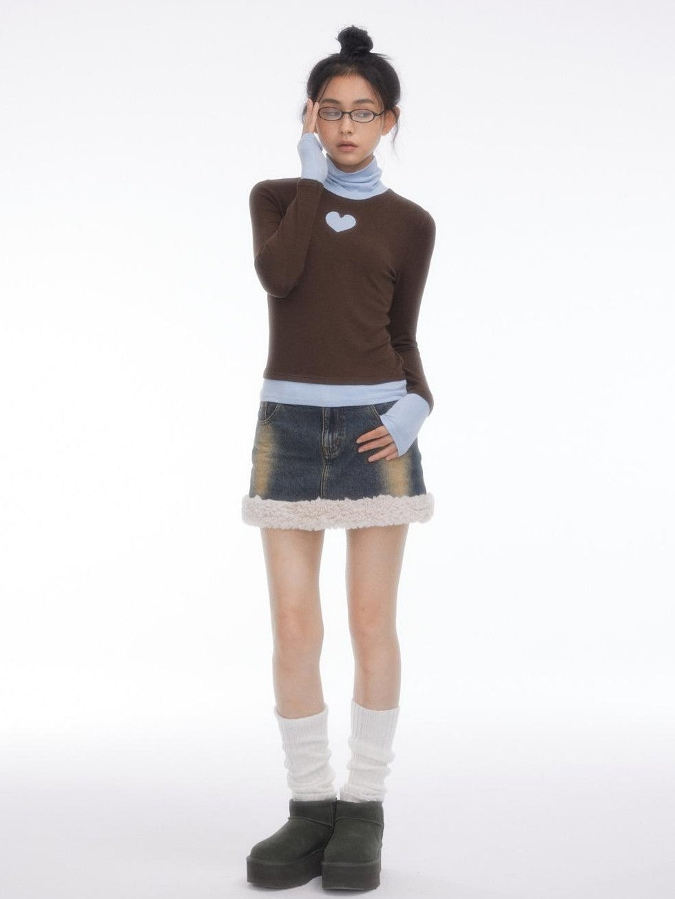 Faux Fur Patchwork Distressed High Waist A Line Women's Denim Mini Skirts