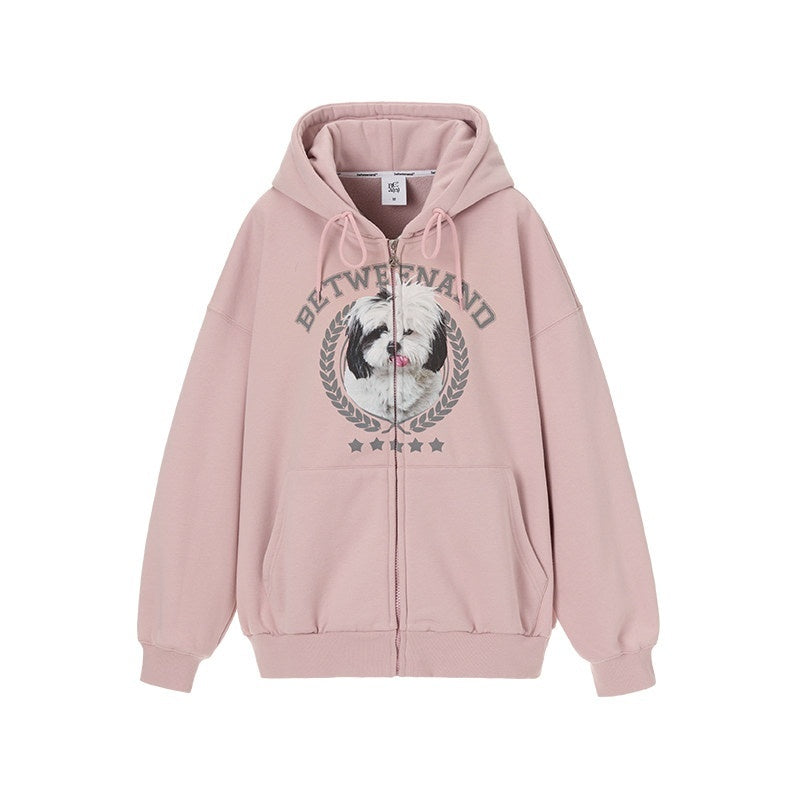 Framed Dog Fun Digital Print Women's Cotton Polyester Blend Zip-up Hoodies