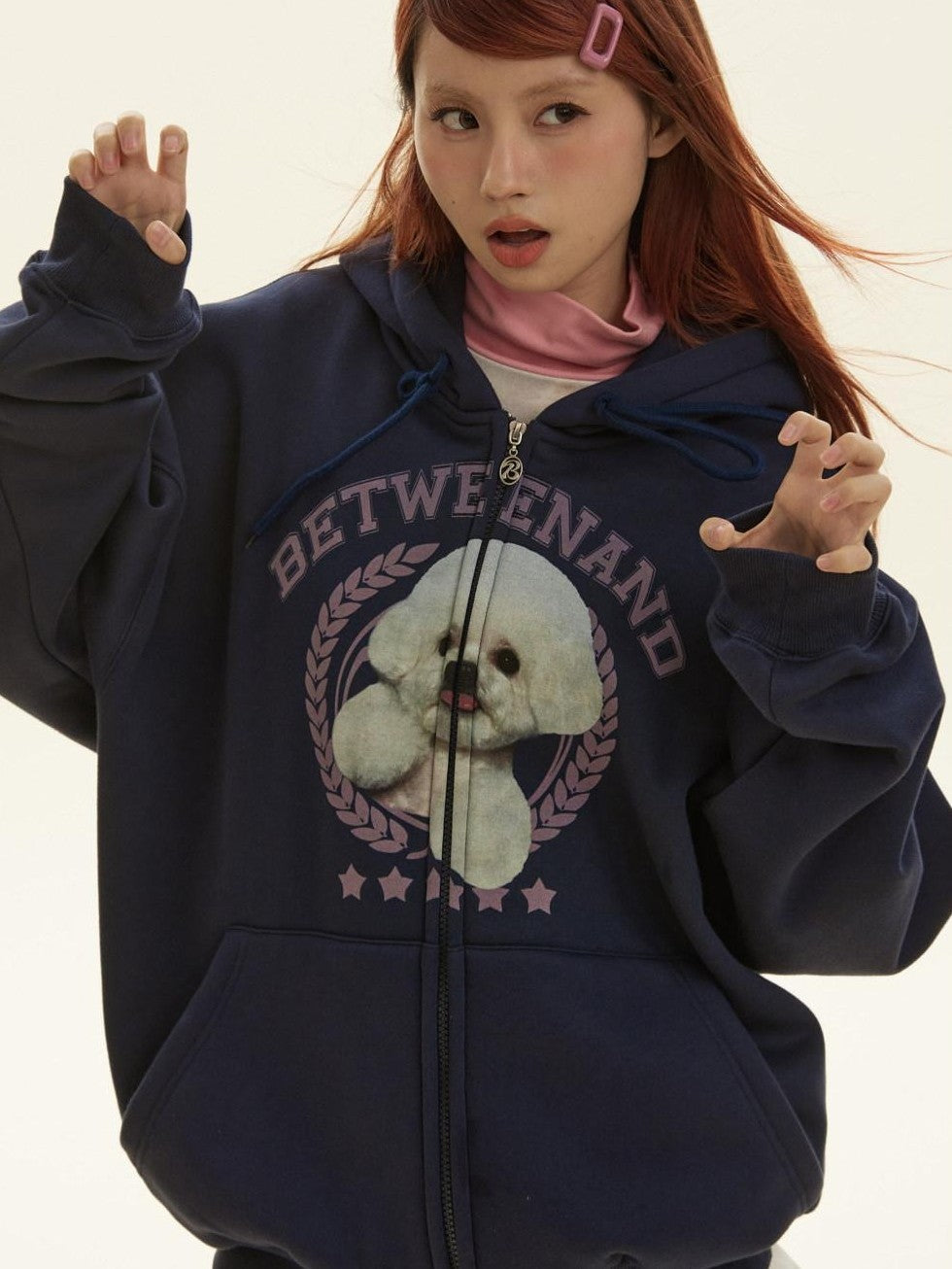 Framed Dog Fun Digital Print Women's Cotton Polyester Blend Zip-up Hoodies