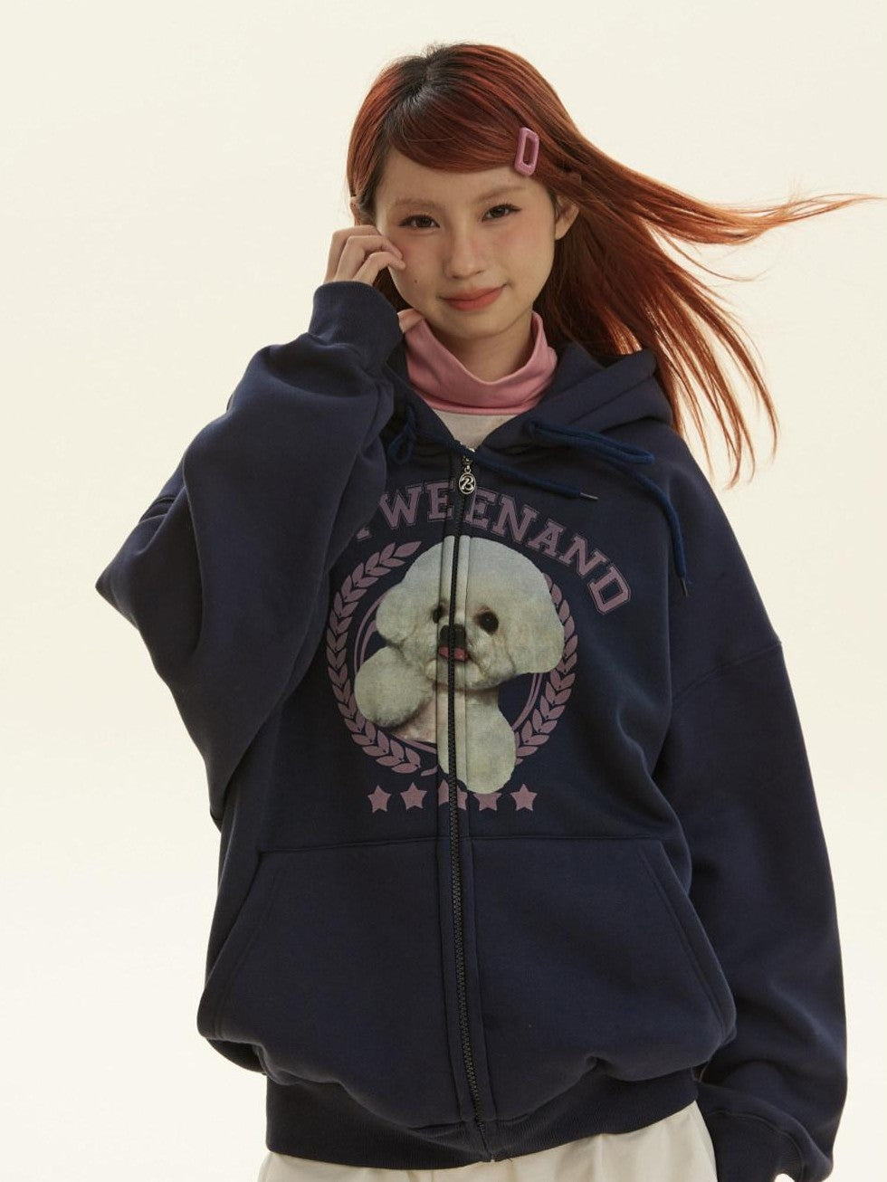 Framed Dog Fun Digital Print Women's Cotton Polyester Blend Zip-up Hoodies