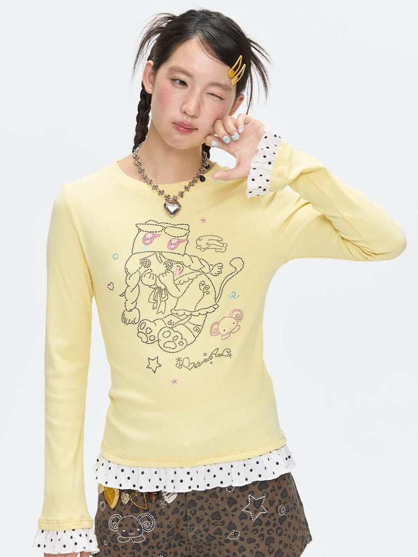 Gentle Yellow Polka Dot Ruffle Hem Women's Cotton Blend Long Sleeve T-shirts