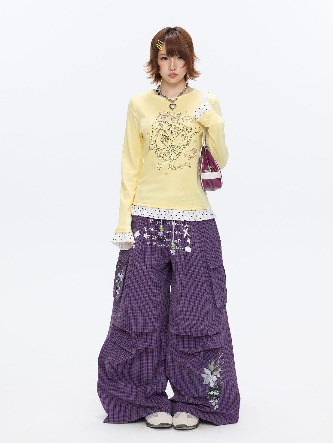 Gentle Yellow Polka Dot Ruffle Hem Women's Cotton Blend Long Sleeve T-shirts