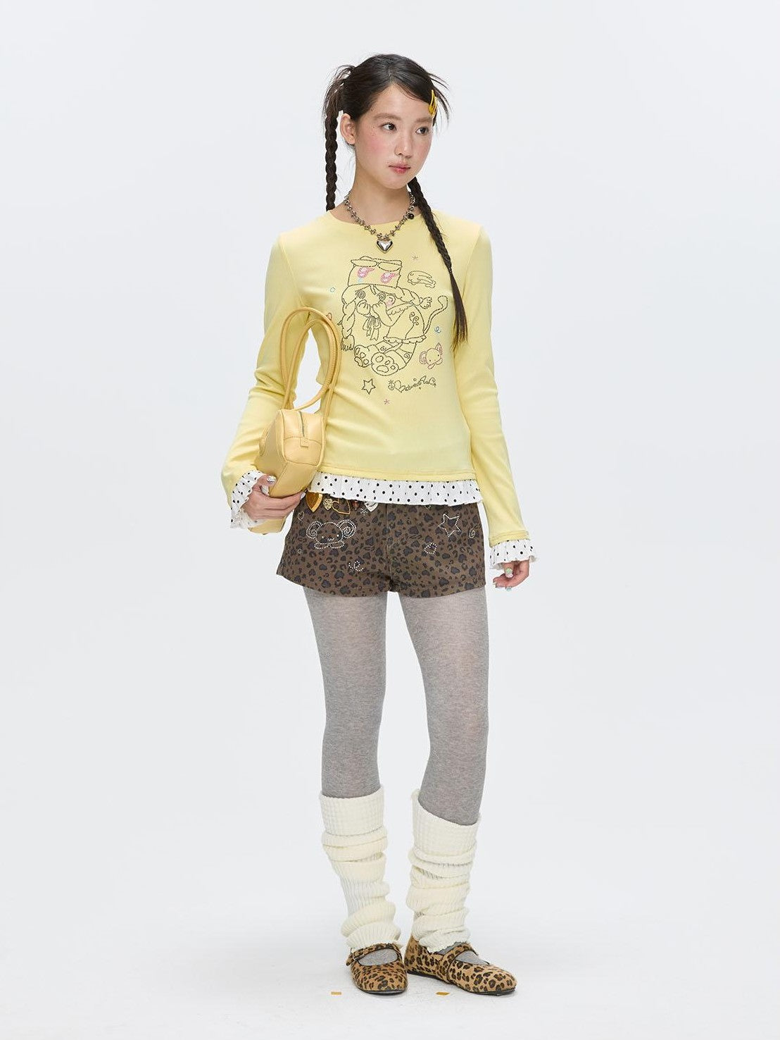 Gentle Yellow Polka Dot Ruffle Hem Women's Cotton Blend Long Sleeve T-shirts