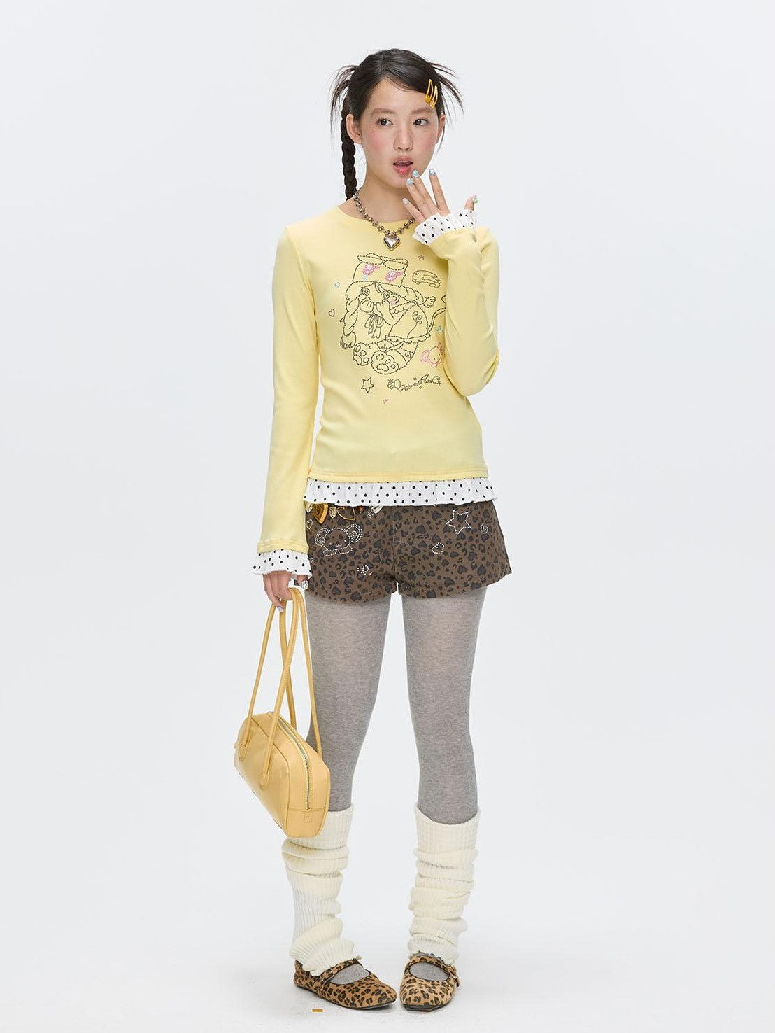 Gentle Yellow Polka Dot Ruffle Hem Women's Cotton Blend Long Sleeve T-shirts