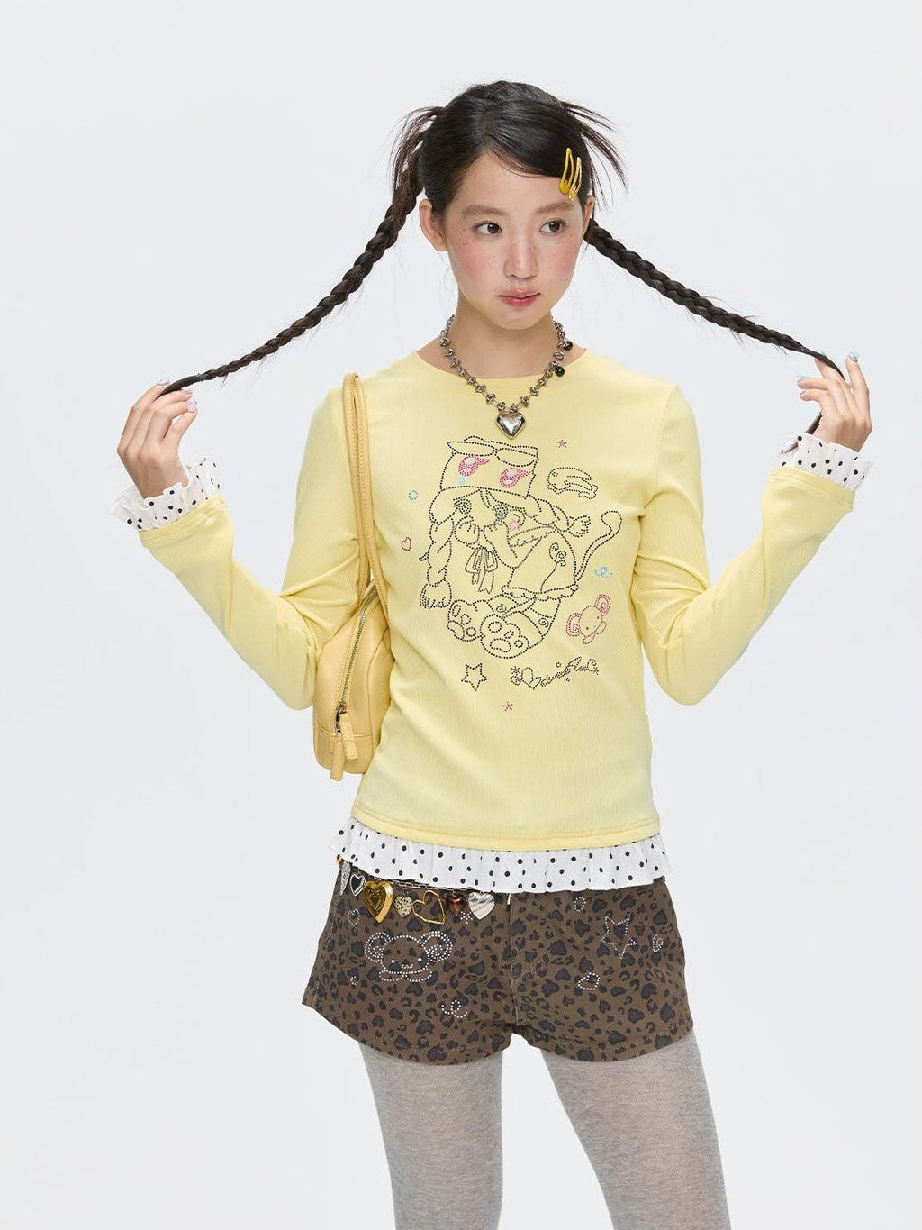 Gentle Yellow Polka Dot Ruffle Hem Women's Cotton Blend Long Sleeve T-shirts