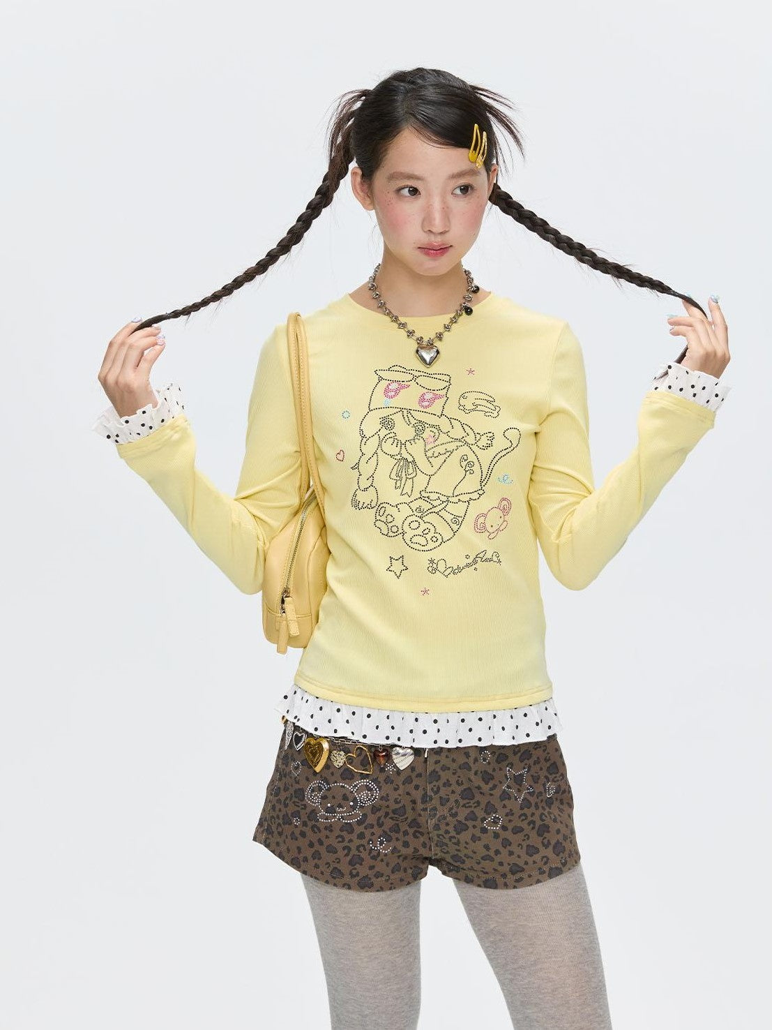 Gentle Yellow Polka Dot Ruffle Hem Women's Cotton Blend Long Sleeve T-shirts