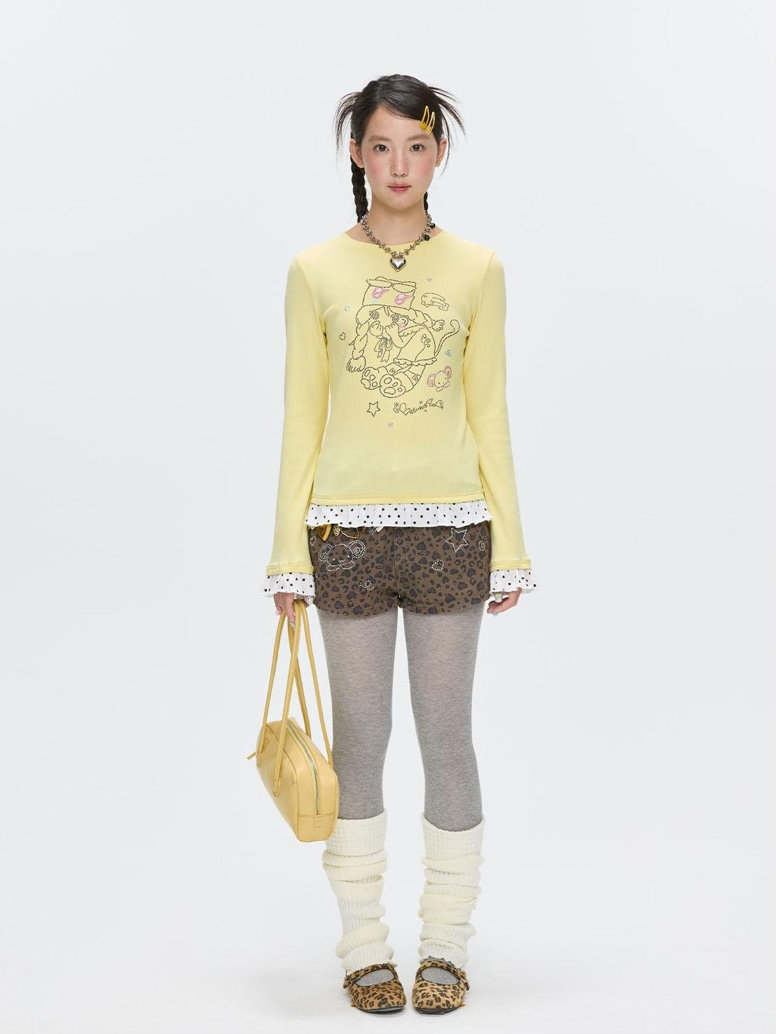 Gentle Yellow Polka Dot Ruffle Hem Women's Cotton Blend Long Sleeve T-shirts