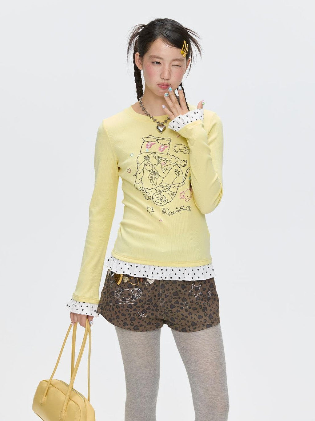 Gentle Yellow Polka Dot Ruffle Hem Women's Cotton Blend Long Sleeve T-shirts
