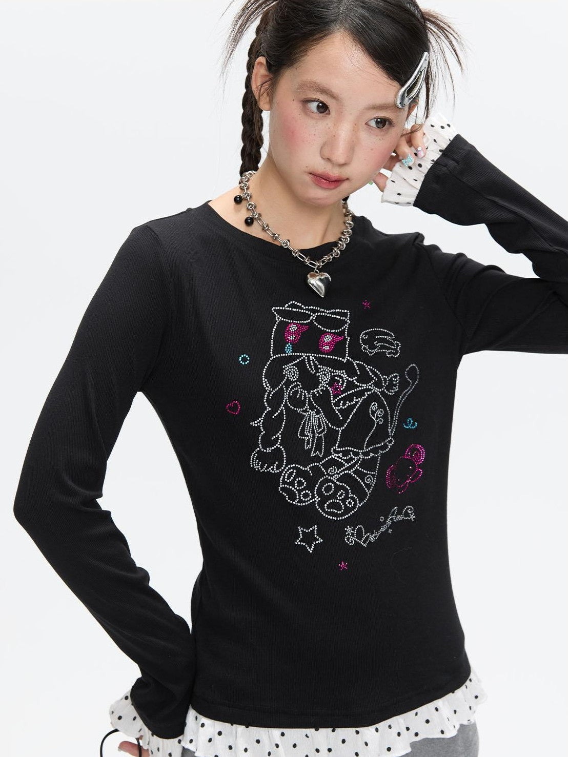 Gentle Yellow Polka Dot Ruffle Hem Women's Cotton Blend Long Sleeve T-shirts