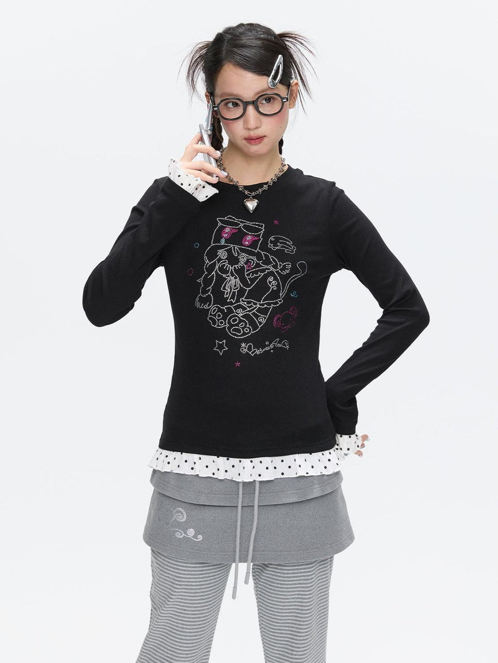 Gentle Yellow Polka Dot Ruffle Hem Women's Cotton Blend Long Sleeve T-shirts