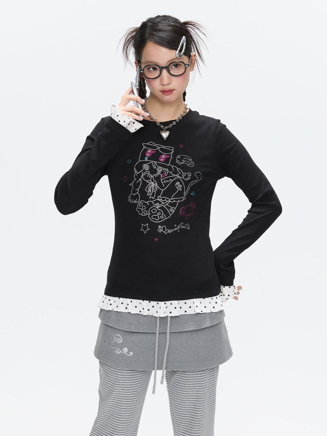 Gentle Yellow Polka Dot Ruffle Hem Women's Cotton Blend Long Sleeve T-shirts