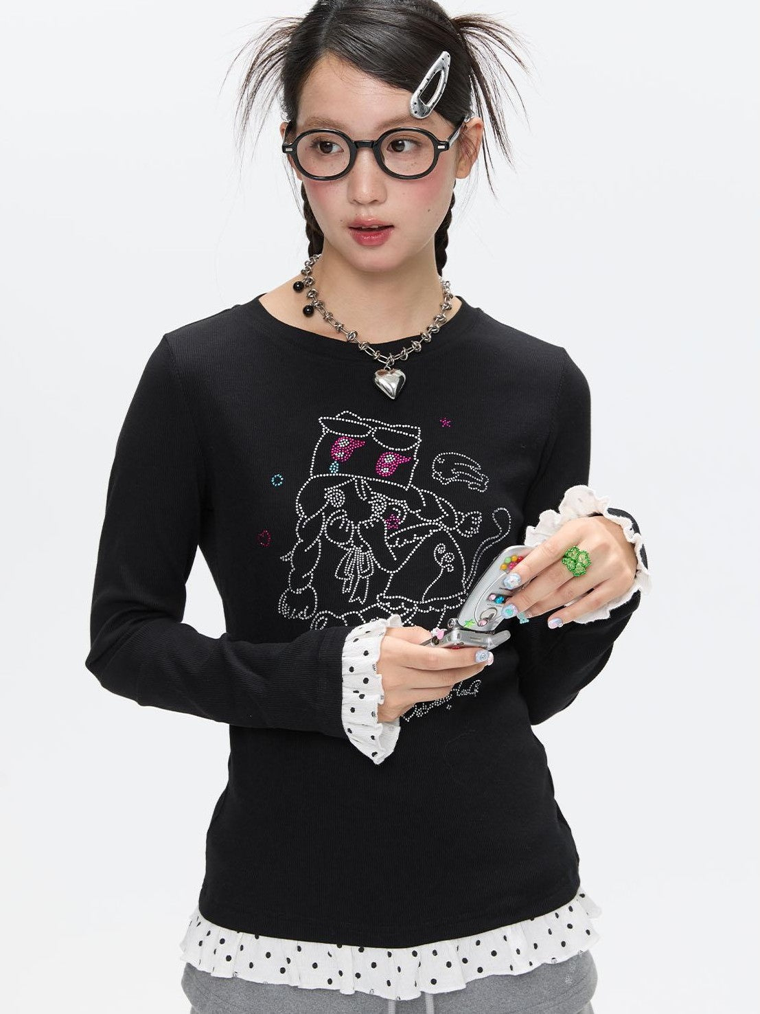Gentle Yellow Polka Dot Ruffle Hem Women's Cotton Blend Long Sleeve T-shirts