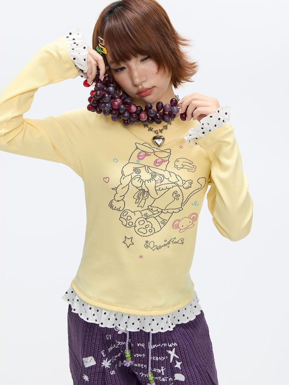 Gentle Yellow Polka Dot Ruffle Hem Women's Cotton Blend Long Sleeve T-shirts