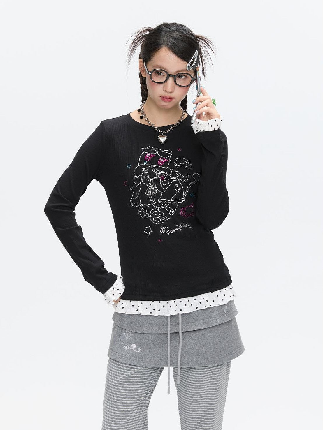 Gentle Yellow Polka Dot Ruffle Hem Women's Cotton Blend Long Sleeve T-shirts