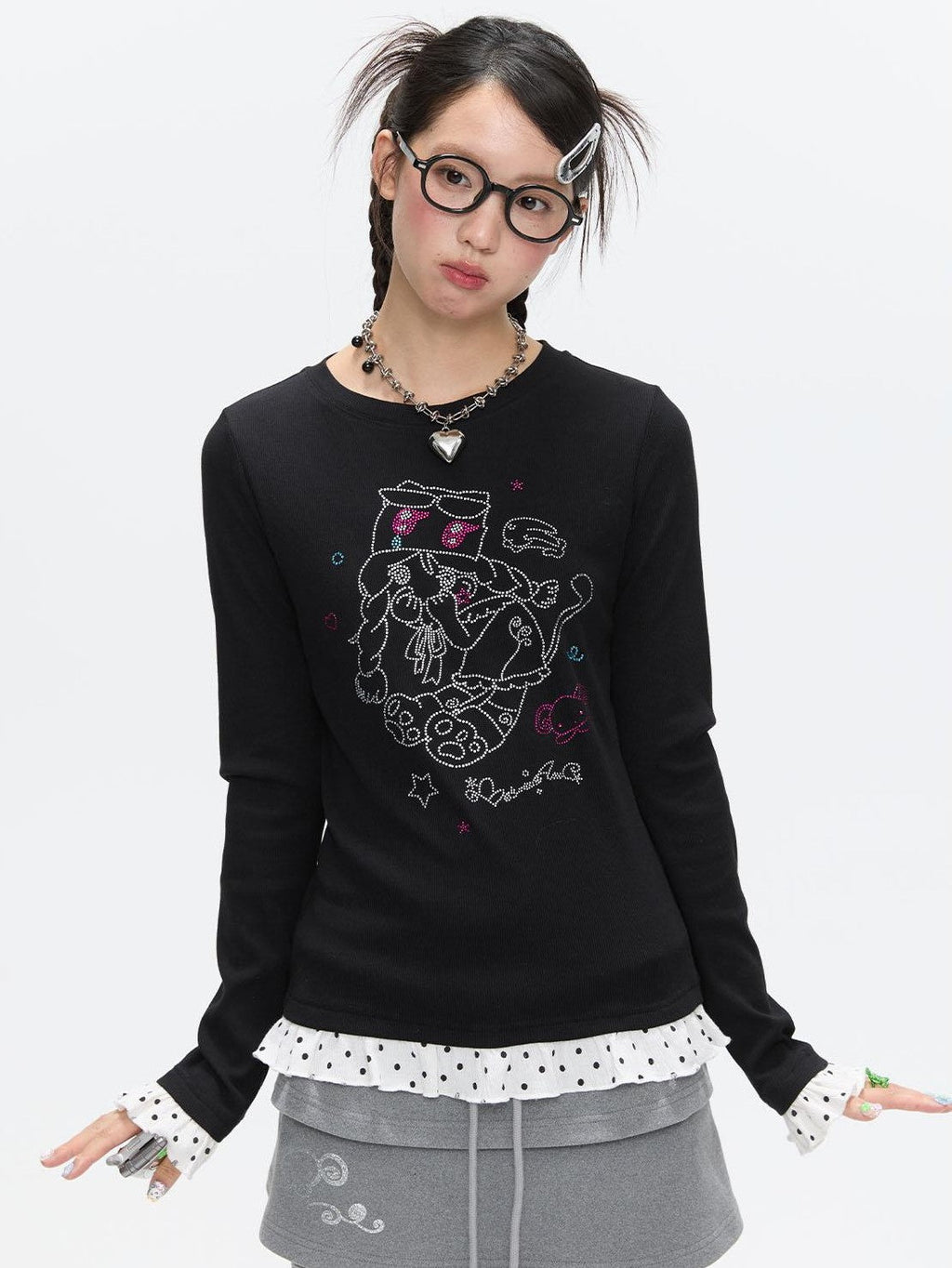 Gentle Yellow Polka Dot Ruffle Hem Women's Cotton Blend Long Sleeve T-shirts