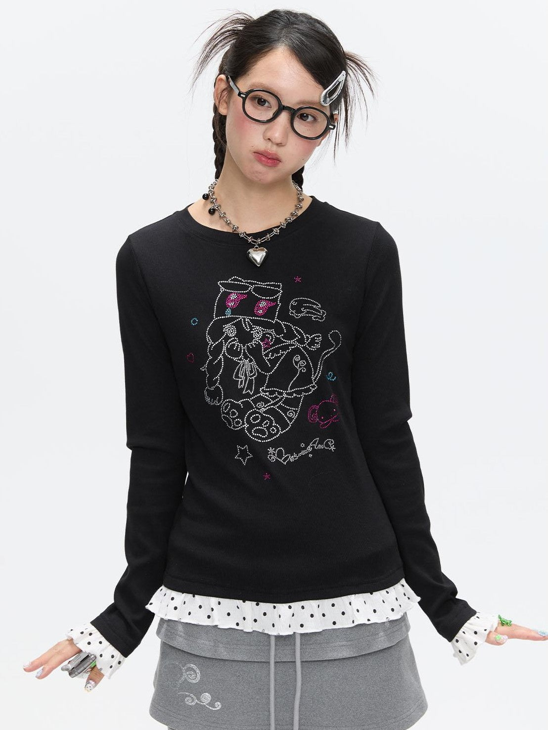 Gentle Yellow Polka Dot Ruffle Hem Women's Cotton Blend Long Sleeve T-shirts