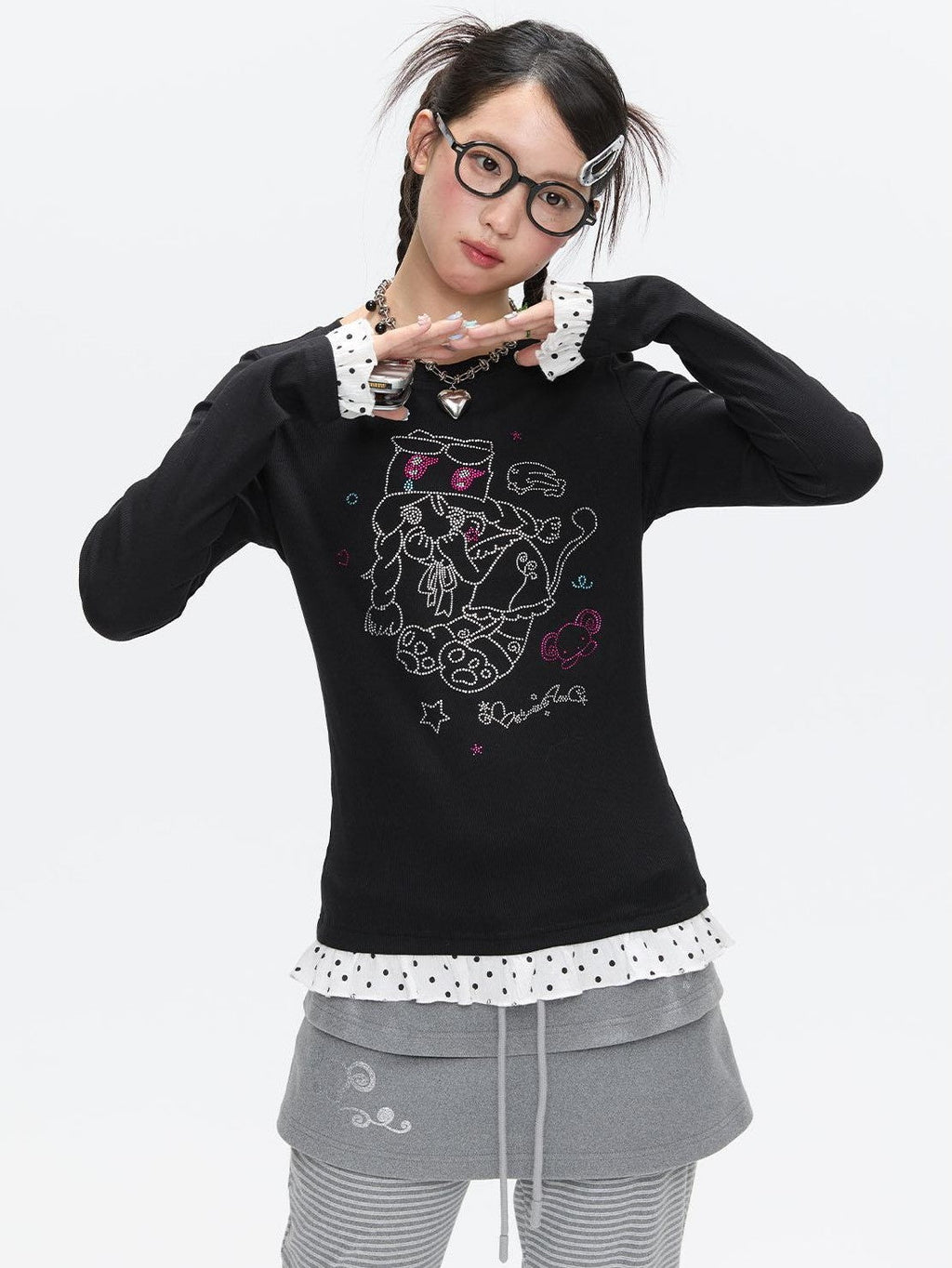 Gentle Yellow Polka Dot Ruffle Hem Women's Cotton Blend Long Sleeve T-shirts