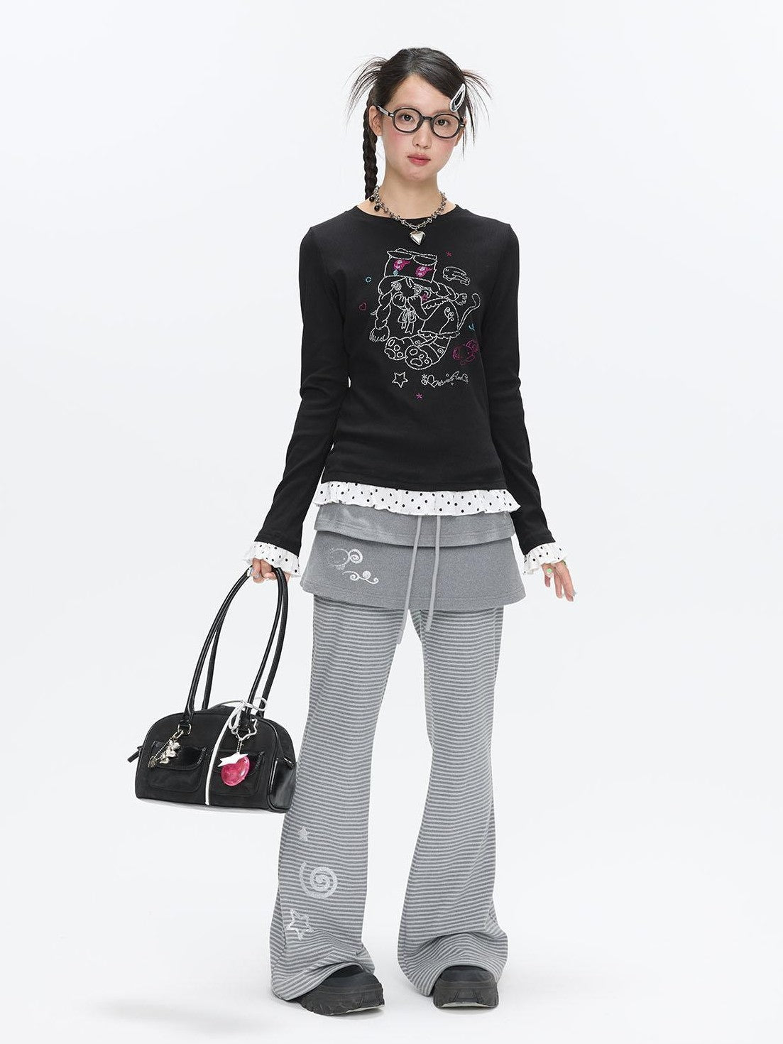 Gentle Yellow Polka Dot Ruffle Hem Women's Cotton Blend Long Sleeve T-shirts