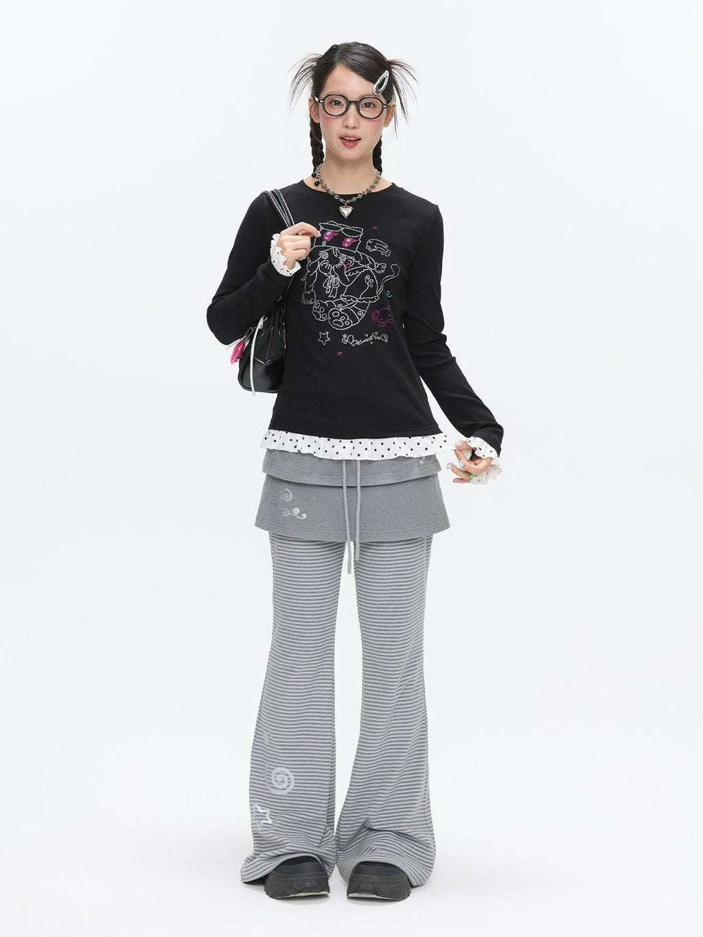 Gentle Yellow Polka Dot Ruffle Hem Women's Cotton Blend Long Sleeve T-shirts
