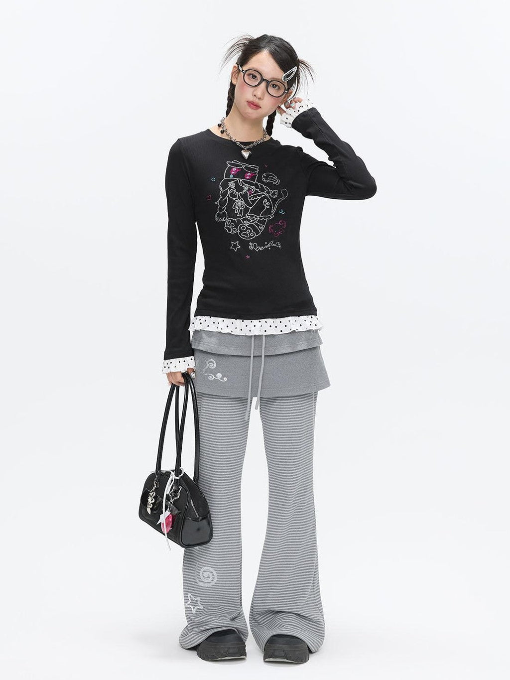 Gentle Yellow Polka Dot Ruffle Hem Women's Cotton Blend Long Sleeve T-shirts