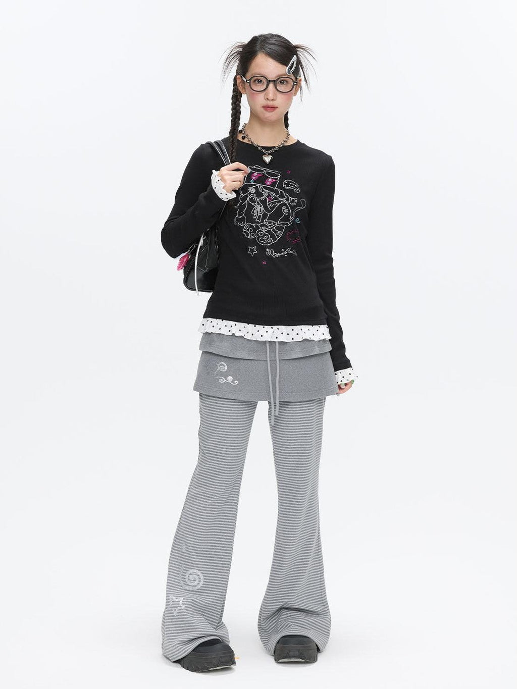 Gentle Yellow Polka Dot Ruffle Hem Women's Cotton Blend Long Sleeve T-shirts
