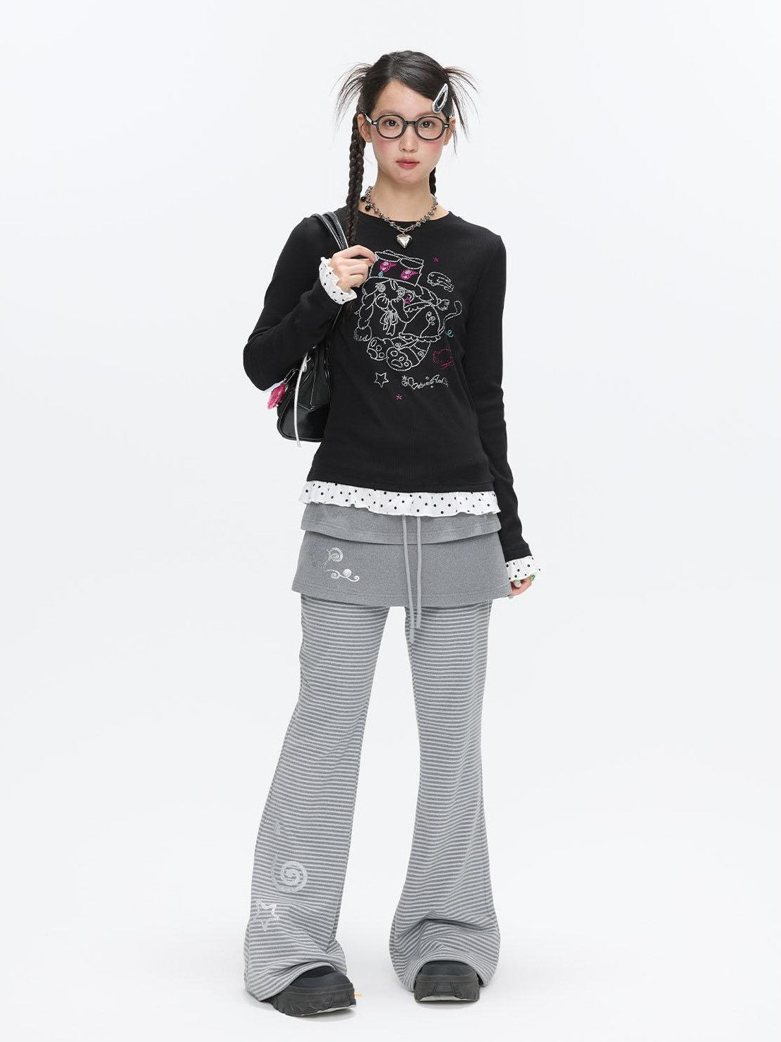 Gentle Yellow Polka Dot Ruffle Hem Women's Cotton Blend Long Sleeve T-shirts