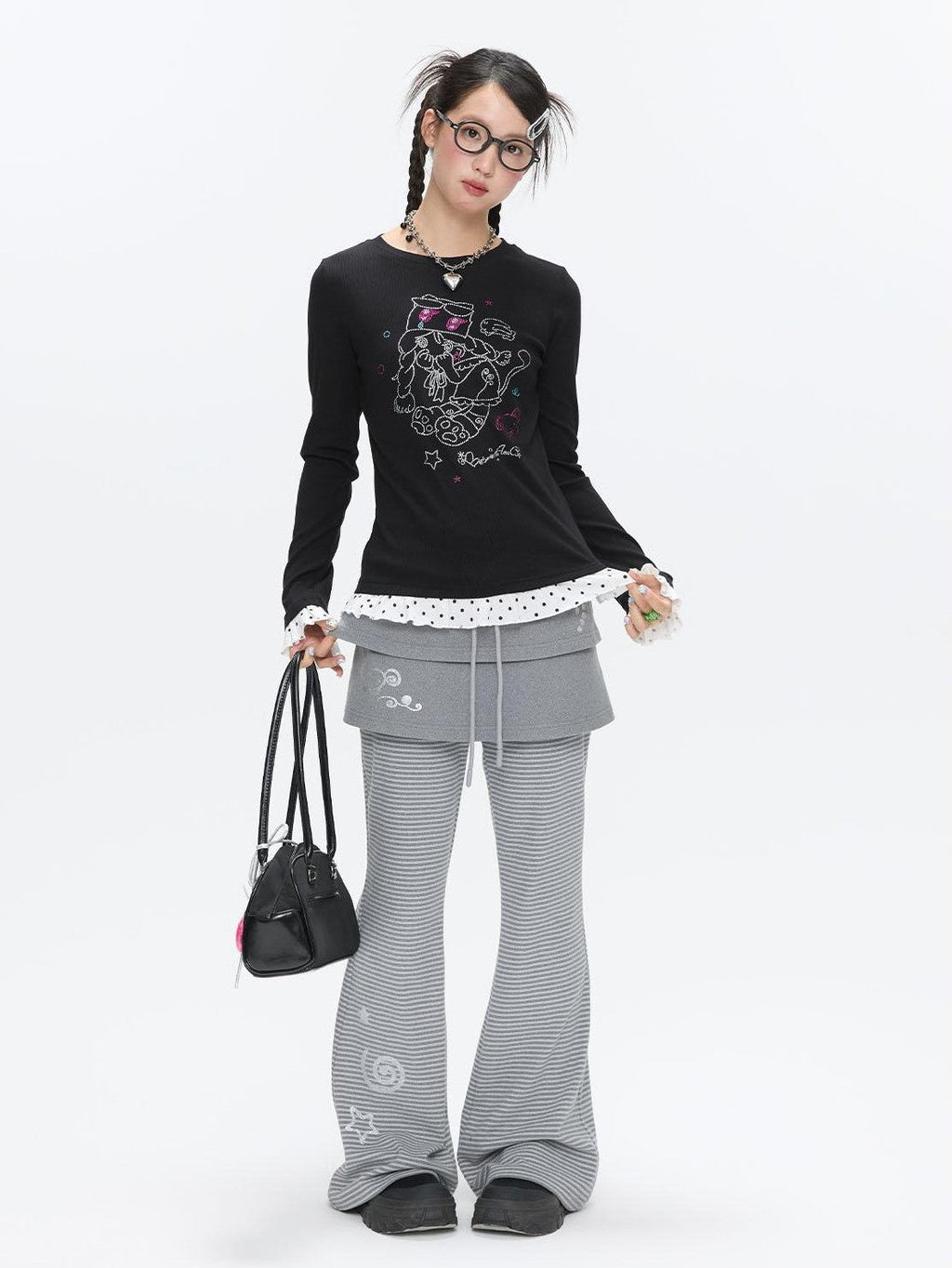 Gentle Yellow Polka Dot Ruffle Hem Women's Cotton Blend Long Sleeve T-shirts