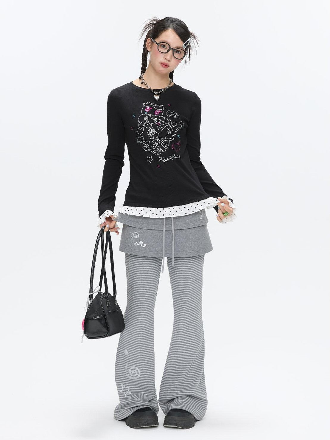 Gentle Yellow Polka Dot Ruffle Hem Women's Cotton Blend Long Sleeve T-shirts