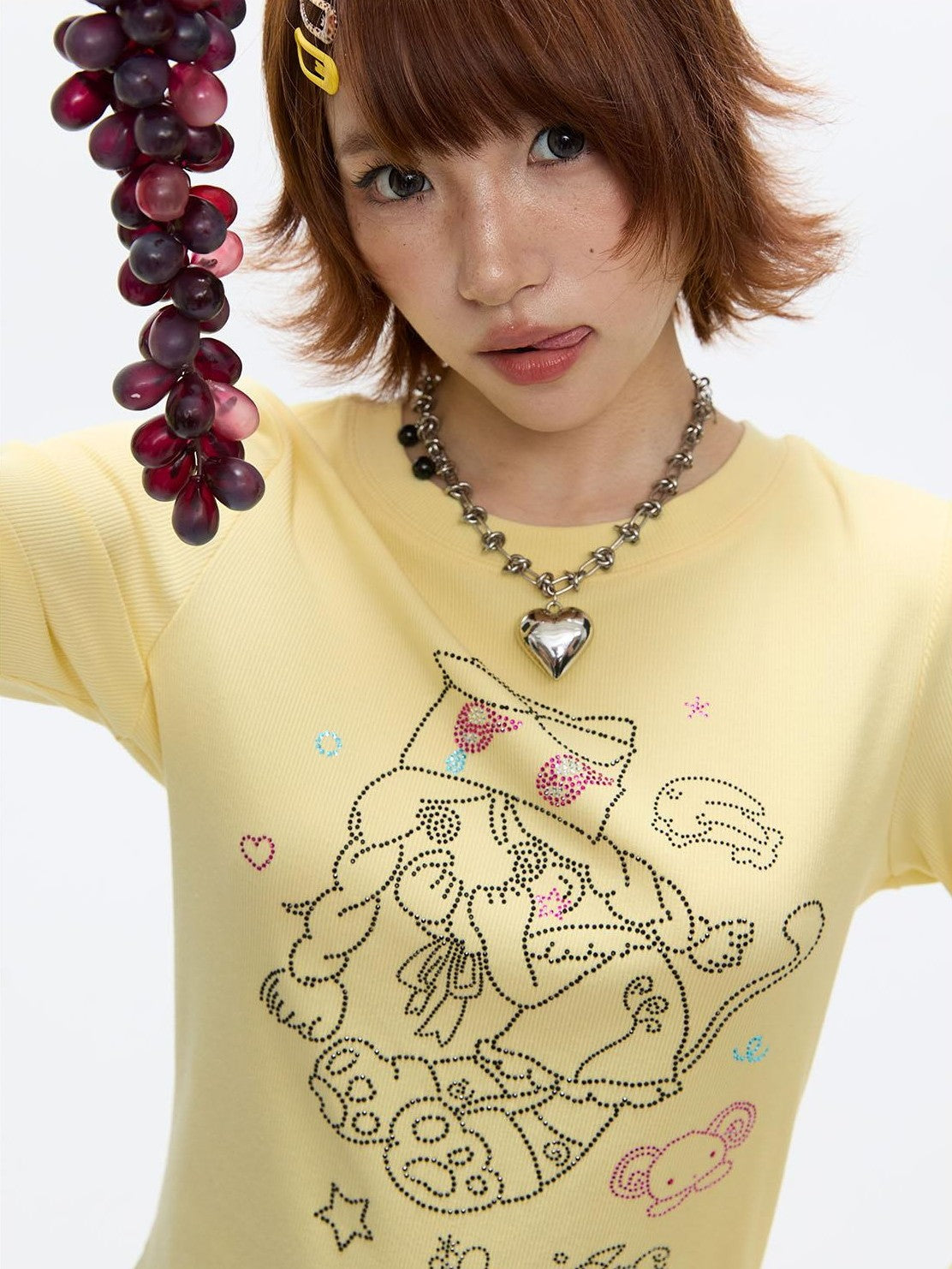 Gentle Yellow Polka Dot Ruffle Hem Women's Cotton Blend Long Sleeve T-shirts