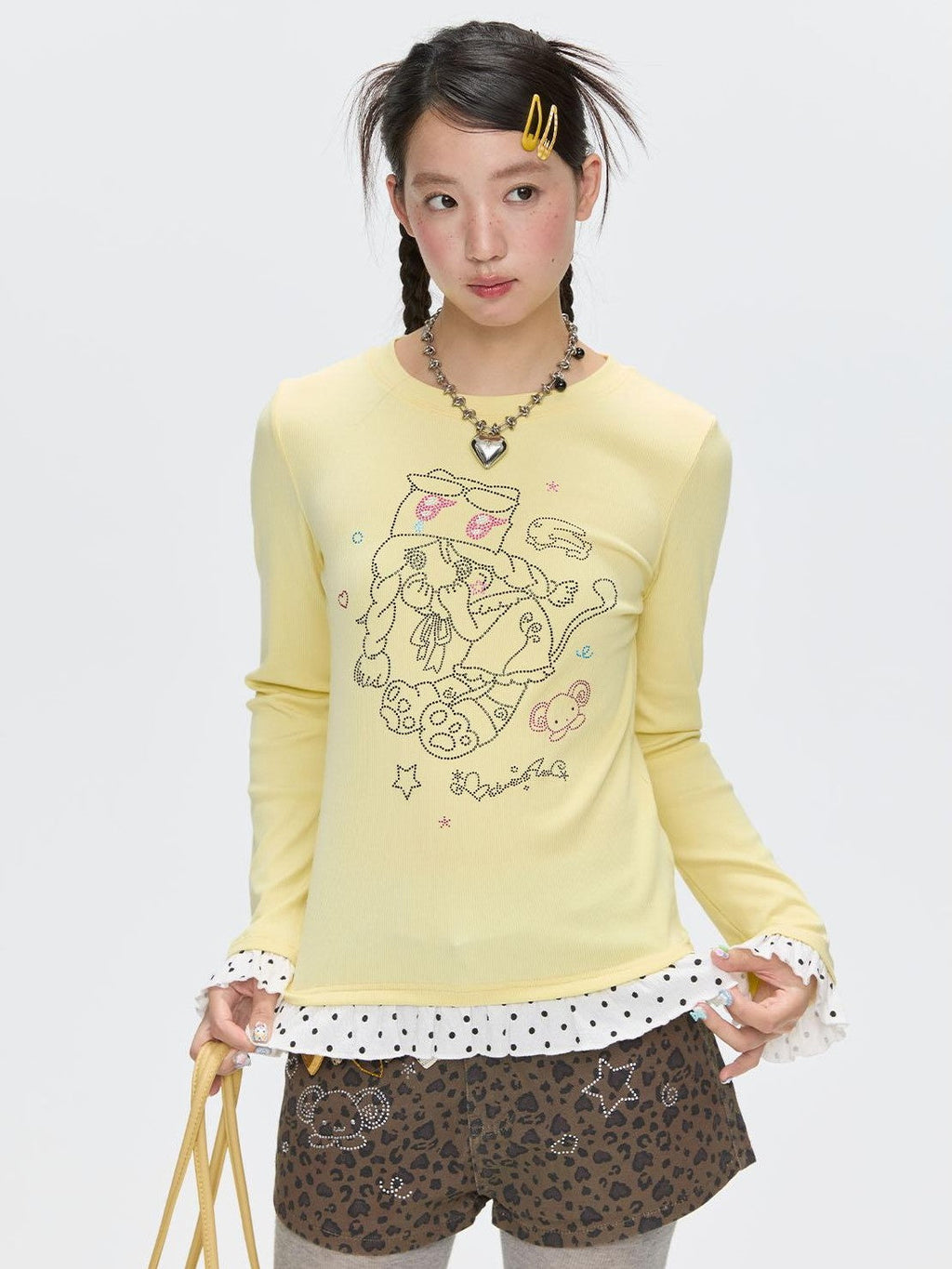 Gentle Yellow Polka Dot Ruffle Hem Women's Cotton Blend Long Sleeve T-shirts
