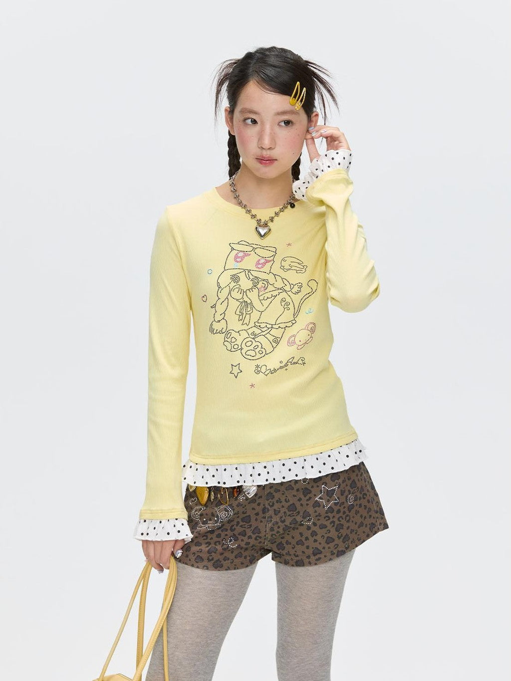 Gentle Yellow Polka Dot Ruffle Hem Women's Cotton Blend Long Sleeve T-shirts