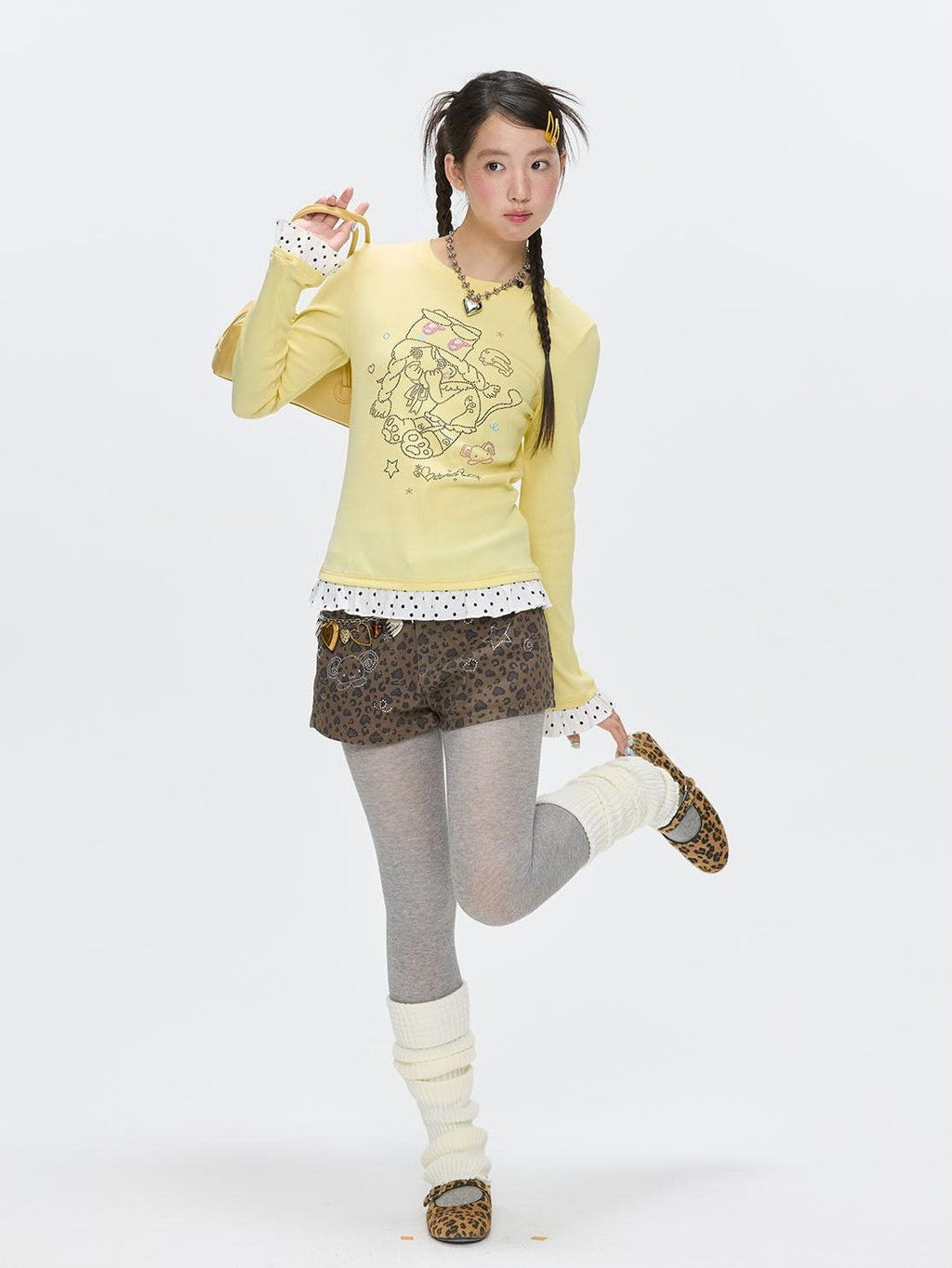 Gentle Yellow Polka Dot Ruffle Hem Women's Cotton Blend Long Sleeve T-shirts