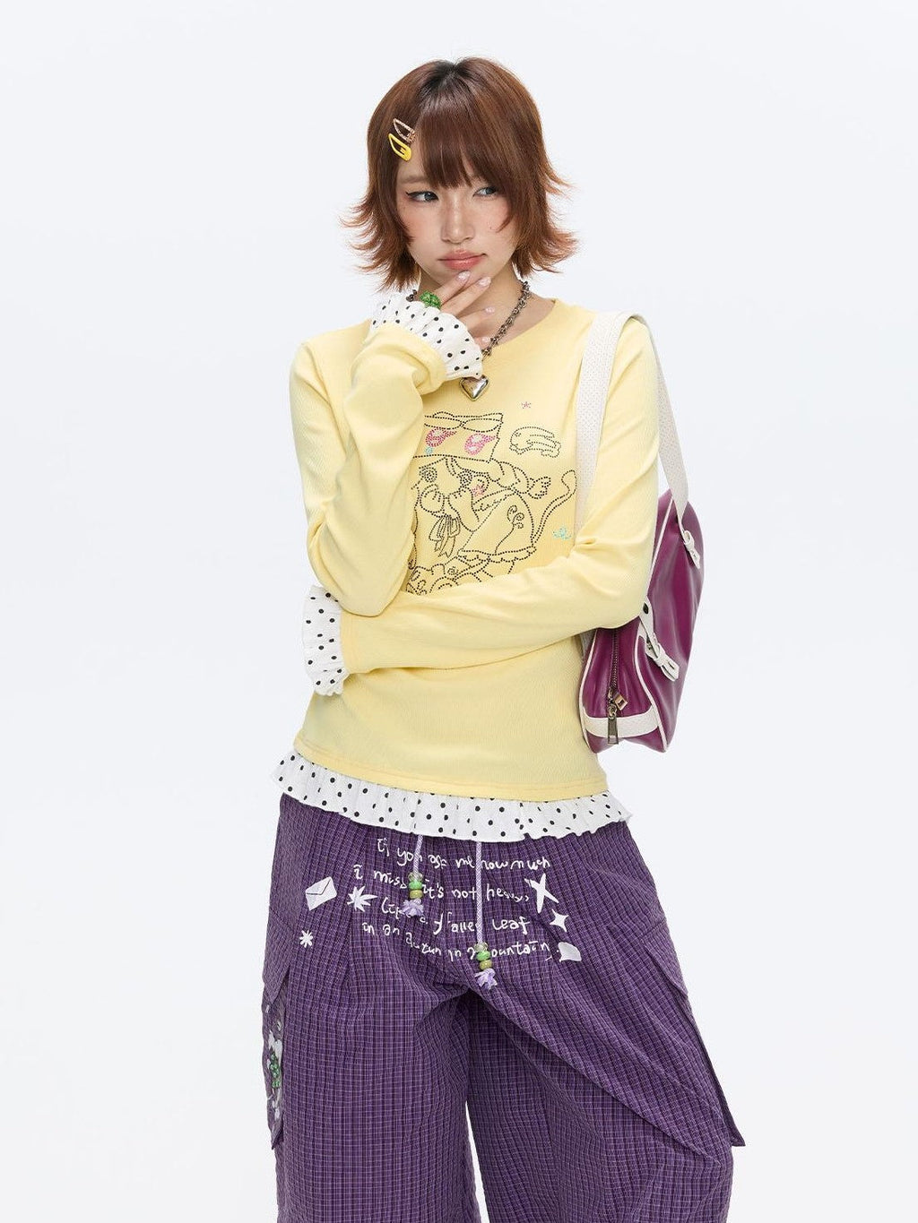Gentle Yellow Polka Dot Ruffle Hem Women's Cotton Blend Long Sleeve T-shirts