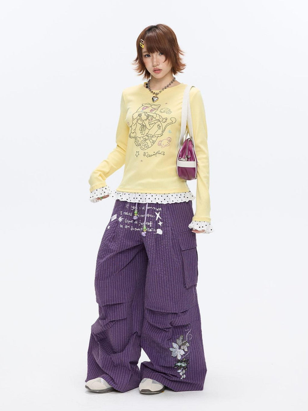 Gentle Yellow Polka Dot Ruffle Hem Women's Cotton Blend Long Sleeve T-shirts