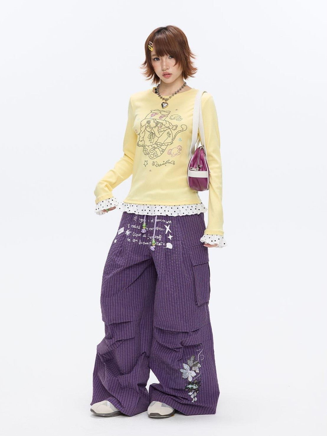 Gentle Yellow Polka Dot Ruffle Hem Women's Cotton Blend Long Sleeve T-shirts