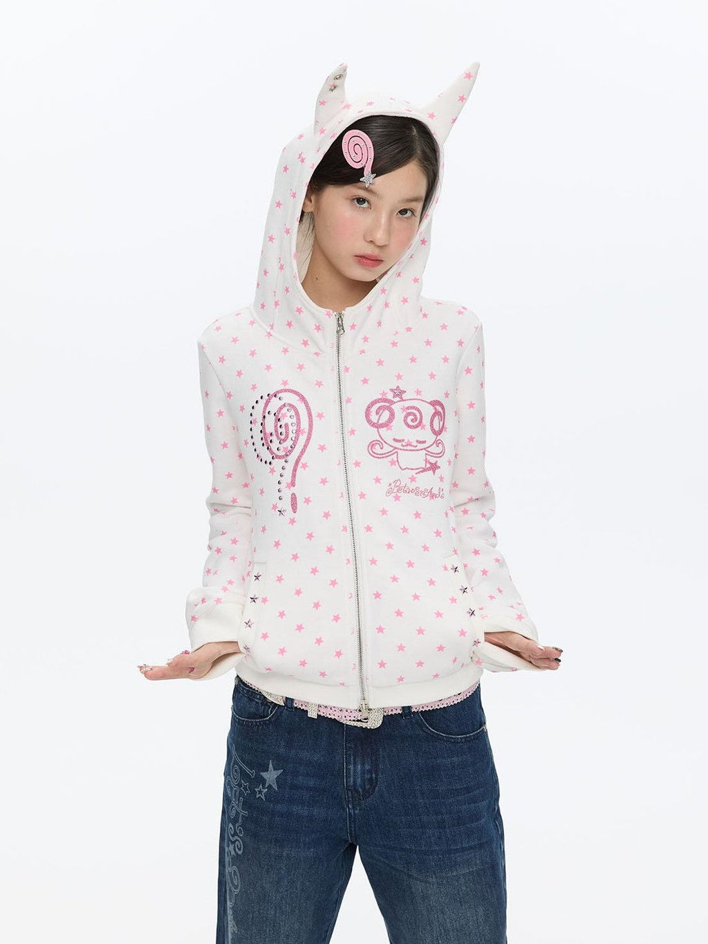 Glitter Little Devil Double Zipper Slim Fit Women's Cotton Blend Zip-up Hoodies