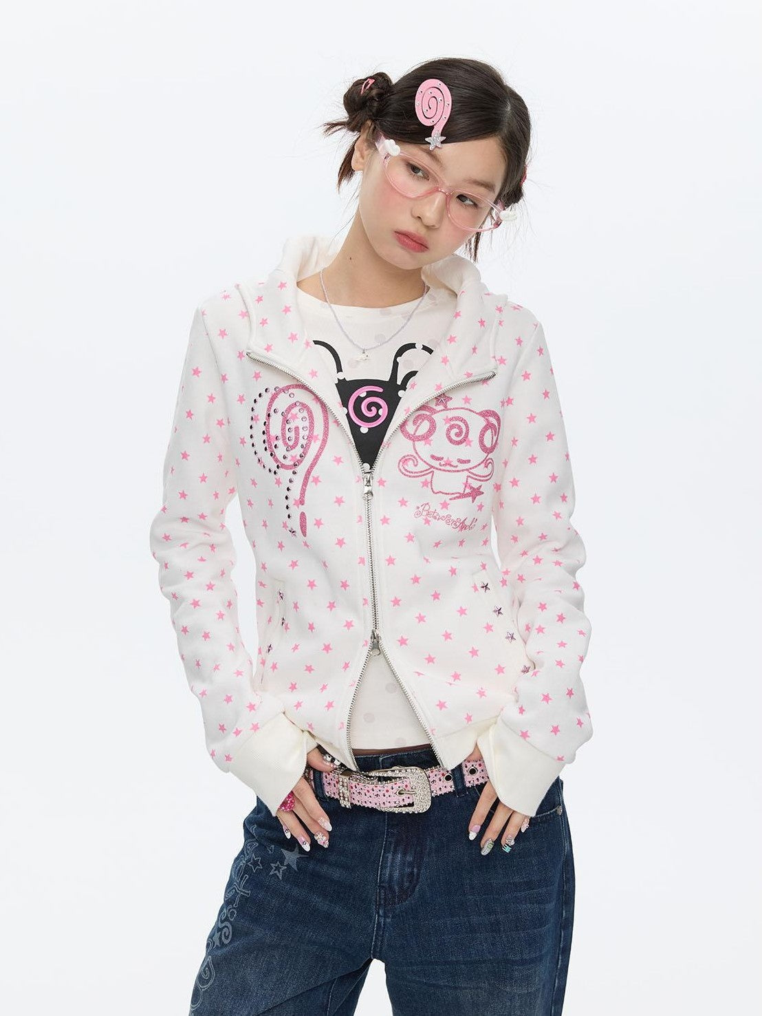 Glitter Little Devil Double Zipper Slim Fit Women's Cotton Blend Zip-up Hoodies