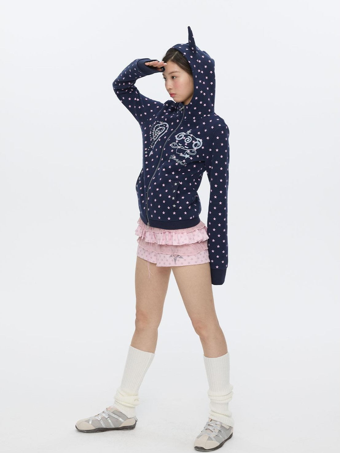 Glitter Little Devil Double Zipper Slim Fit Women's Cotton Blend Zip-up Hoodies