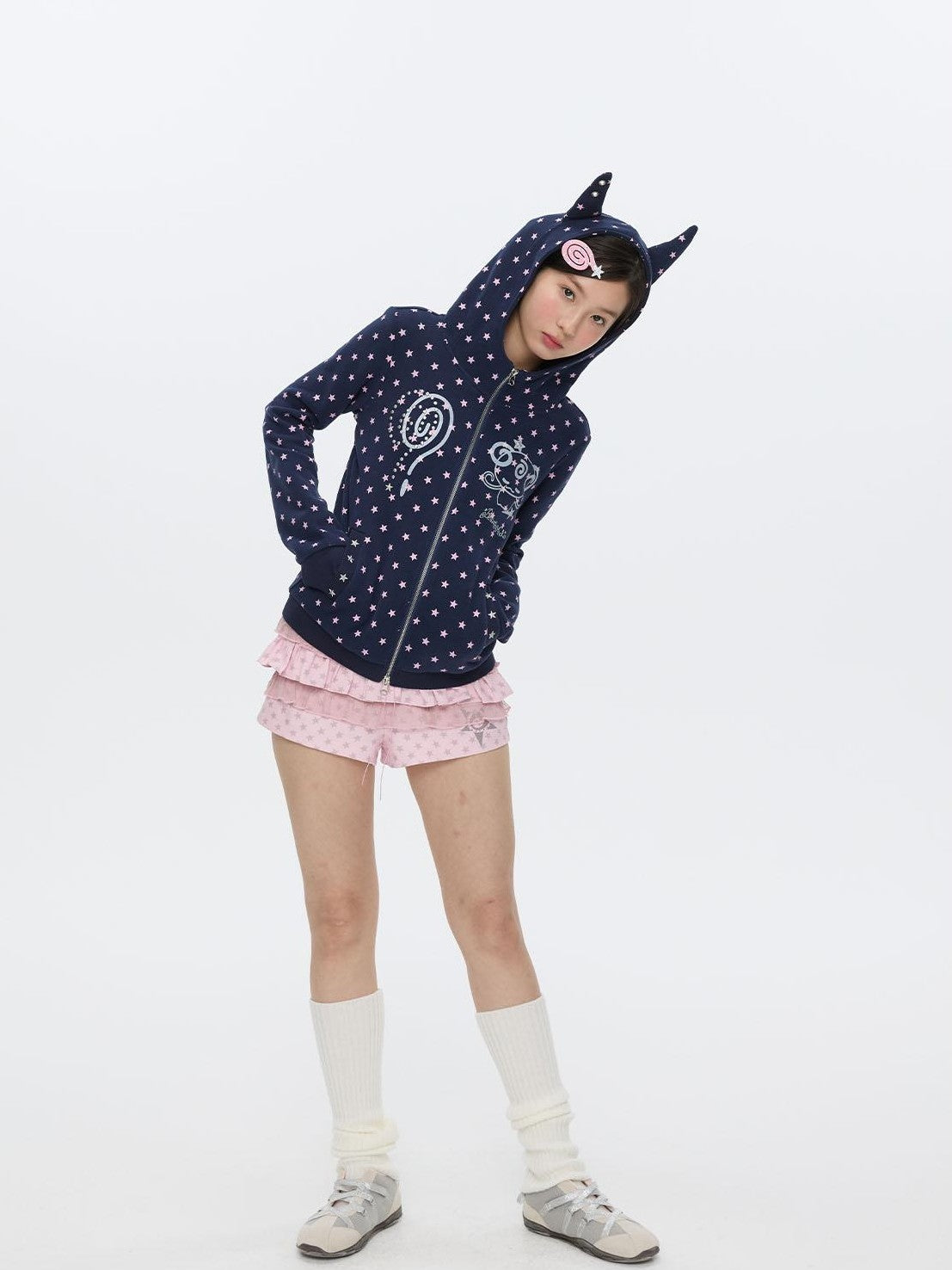 Glitter Little Devil Double Zipper Slim Fit Women's Cotton Blend Zip-up Hoodies