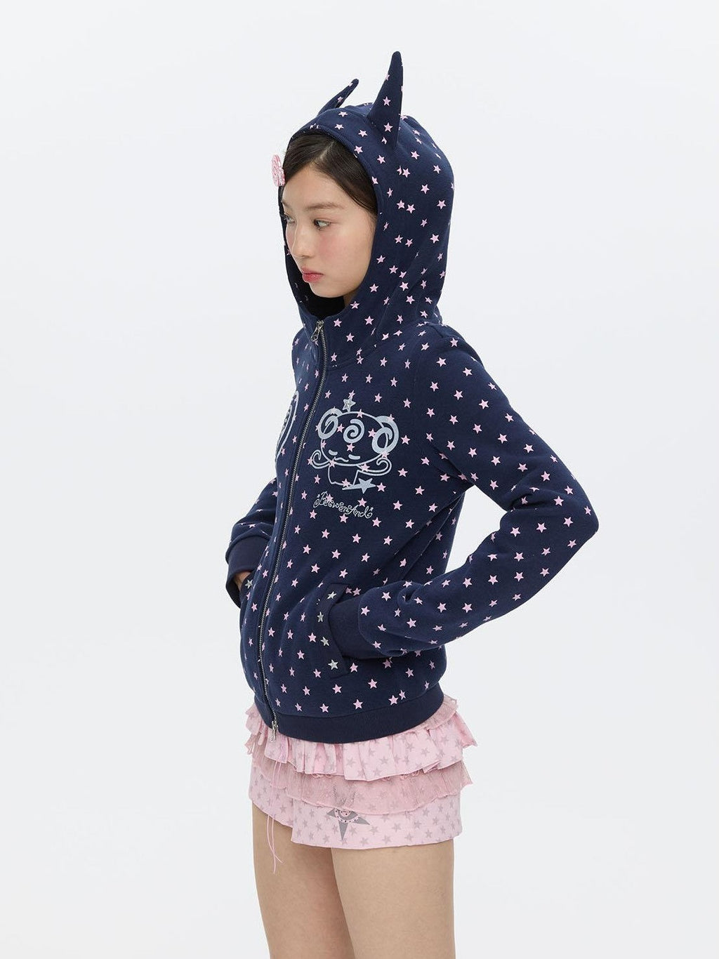 Glitter Little Devil Double Zipper Slim Fit Women's Cotton Blend Zip-up Hoodies