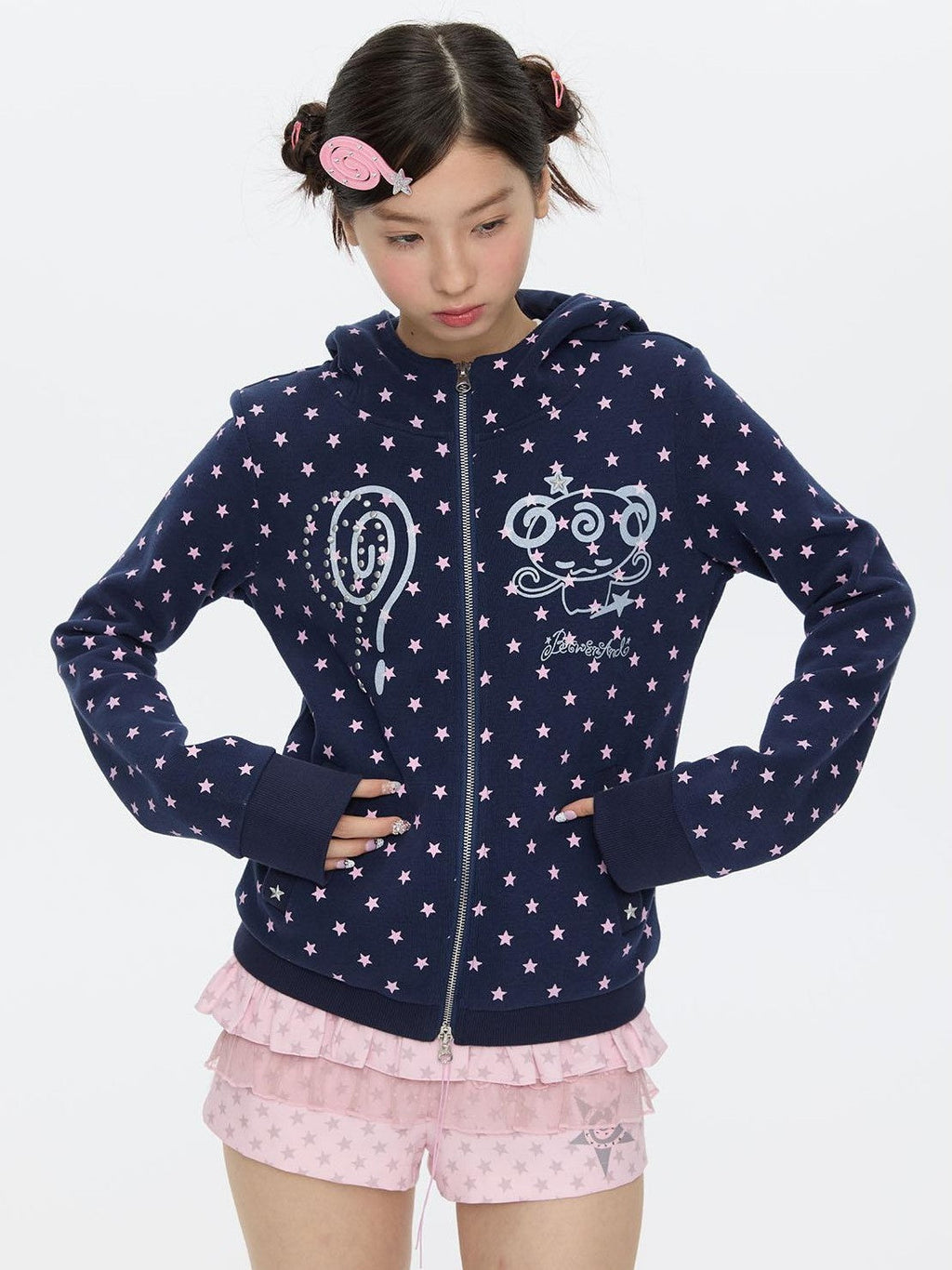 Glitter Little Devil Double Zipper Slim Fit Women's Cotton Blend Zip-up Hoodies